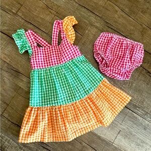 Toddler Bonnie Baby Summer Gingham Dress with Bloomers‎ and Bucket Hat